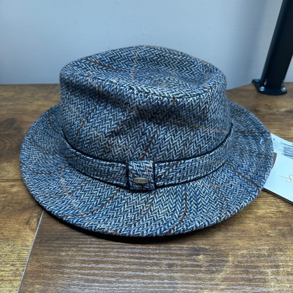 NEW Scala Mens Grey Herringbone Windowpane Plaid Wool Blendโ Fedora Hat Large